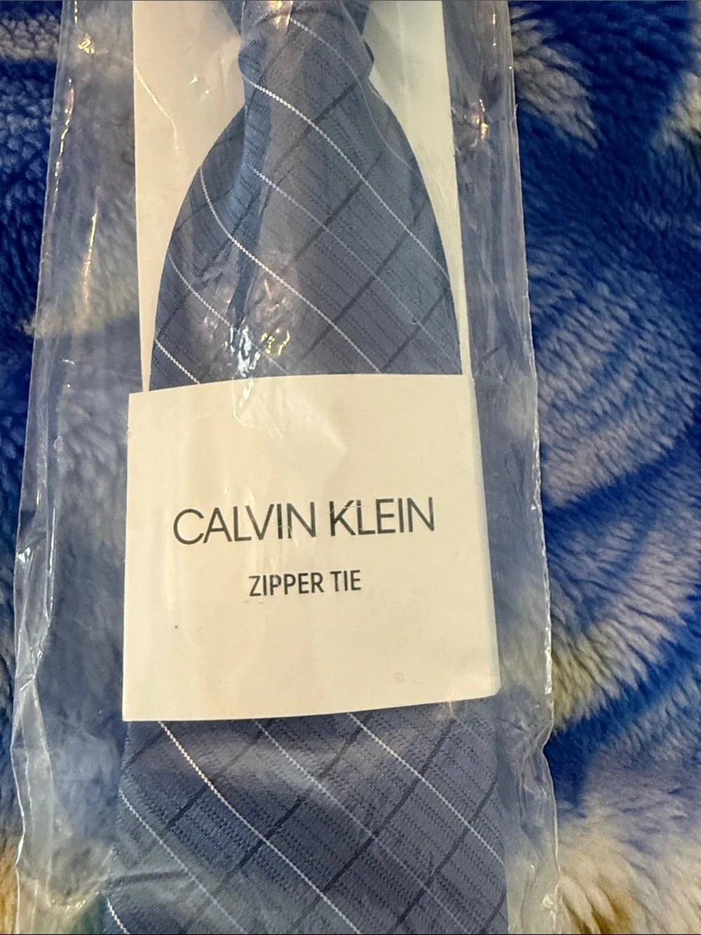 Calvin Klein Slate Blue Diagonal Check Zipper Tie